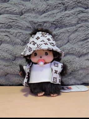 Monchhichi Plush Doll in White/Brown Designer-Style Outfit